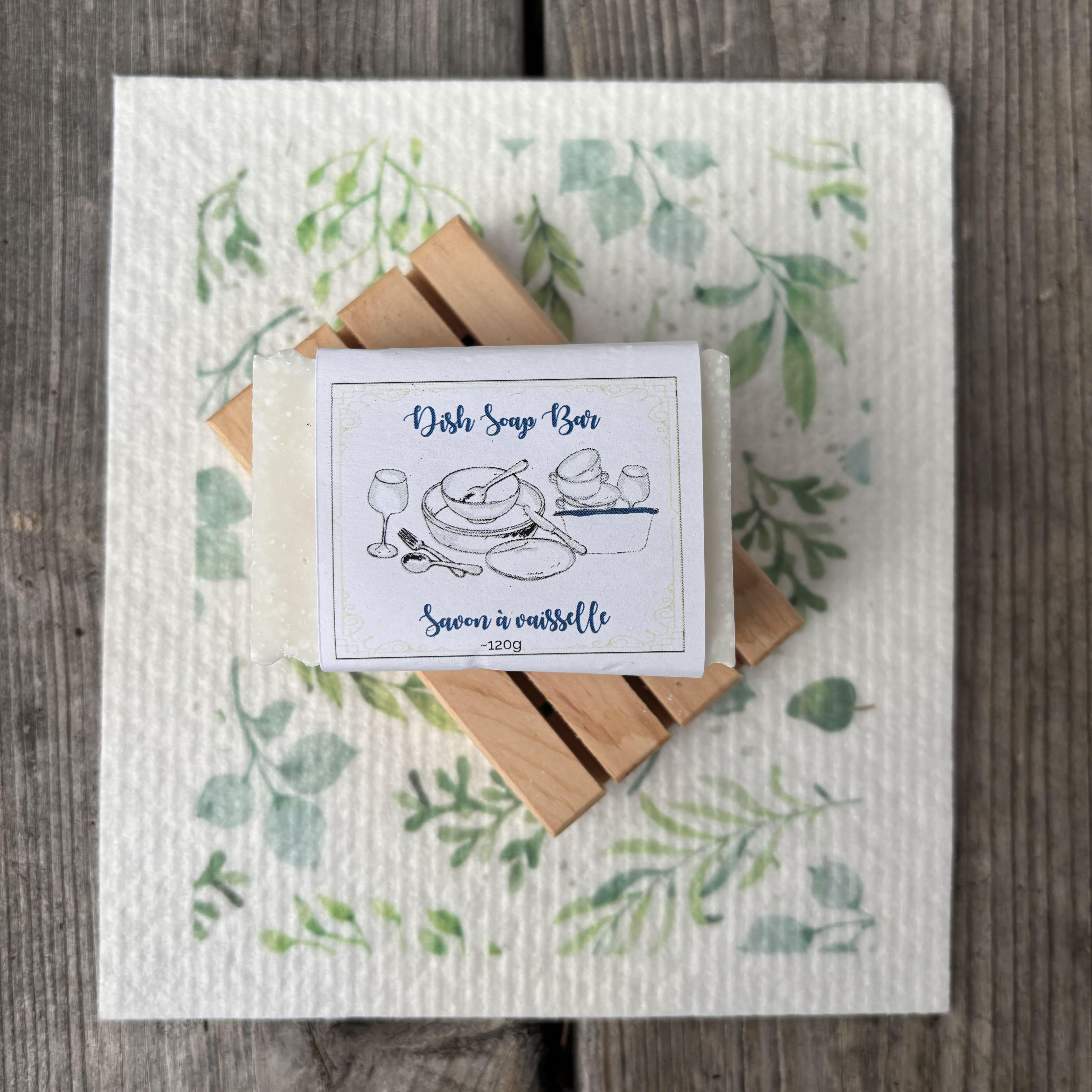 Dish Soap Kit with dish soap bar, pine soap dish, sponge cloth - Garden Path Homemade Soap