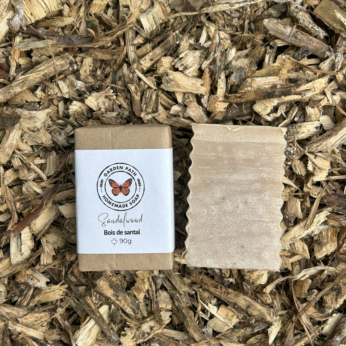 Sandalwood Bar Soap on a bed of wood chips | Lightly Scented Sandalwood Fragrance - Garden Path Homemade Soap