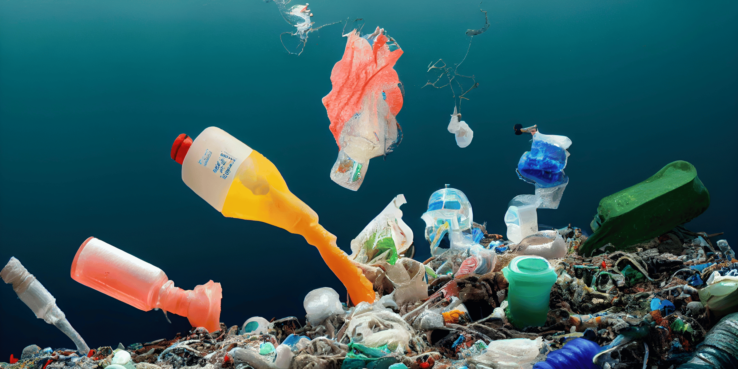 Underwater scene showing a large pile of marine debris and plastic trash on the ocean floor, with floating plastic bottles, bags, and fragments suspended in deep blue water.