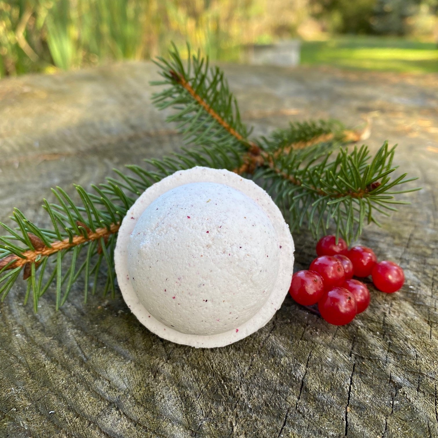 Frosted Winterberry Bath Bomb with a frosted white exterior and red speckles, placed on a wooden surface with green pine needles and red berries to the side.