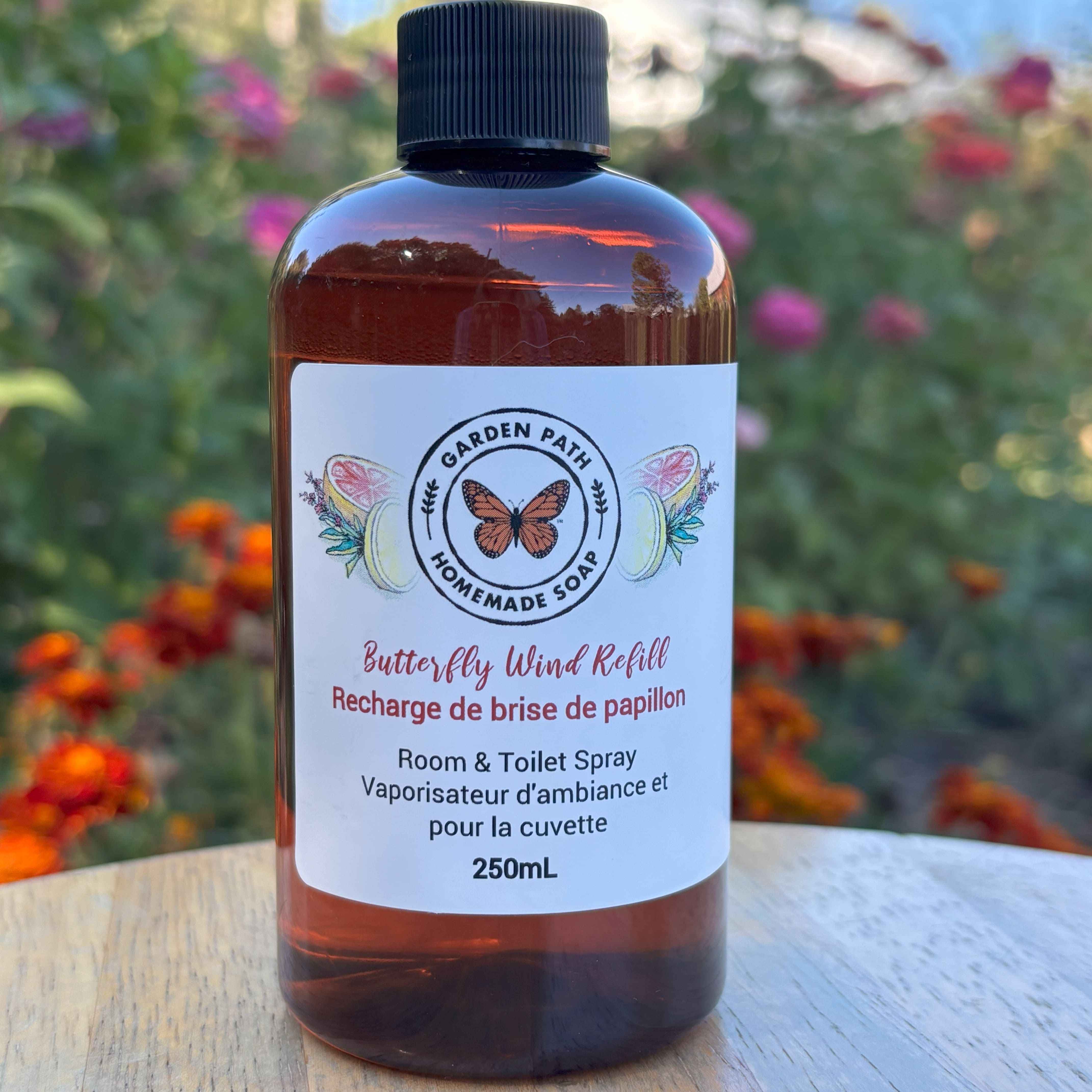 Butterfly Wind 250ml refill bottle - Room & Toilet Spray  by Garden Path Homemade Soap. 100% Natural Essential Oil Blend