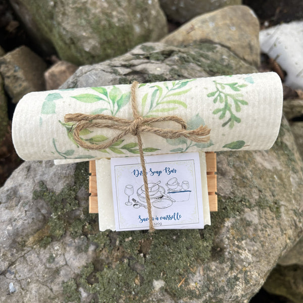 Dish Soap Kit with dish soap bar, pine soap dish, sponge cloth - Garden Path Homemade Soap