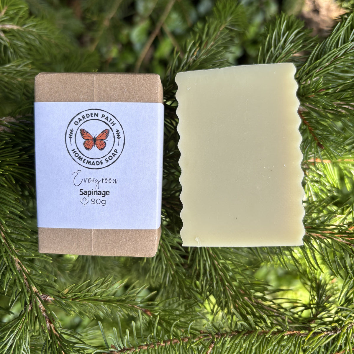 Bar of wrapped soap on left with unwrapped cream coloured soap on the right resting on spruce tree branches