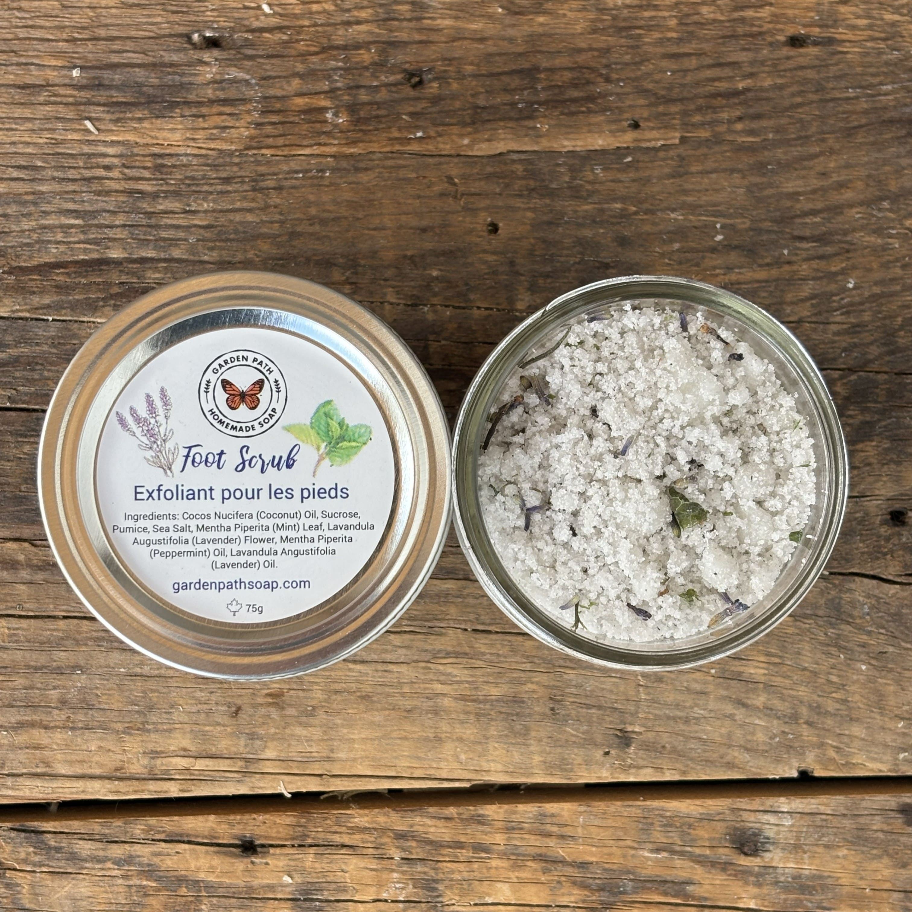 2 jars of Peppermint & Lavender Foot Scrub by Garden Path Homemade . Soap. One jar opened and one with the lid.  100% Natural Essential Oils & Ingredients | Exfoliant