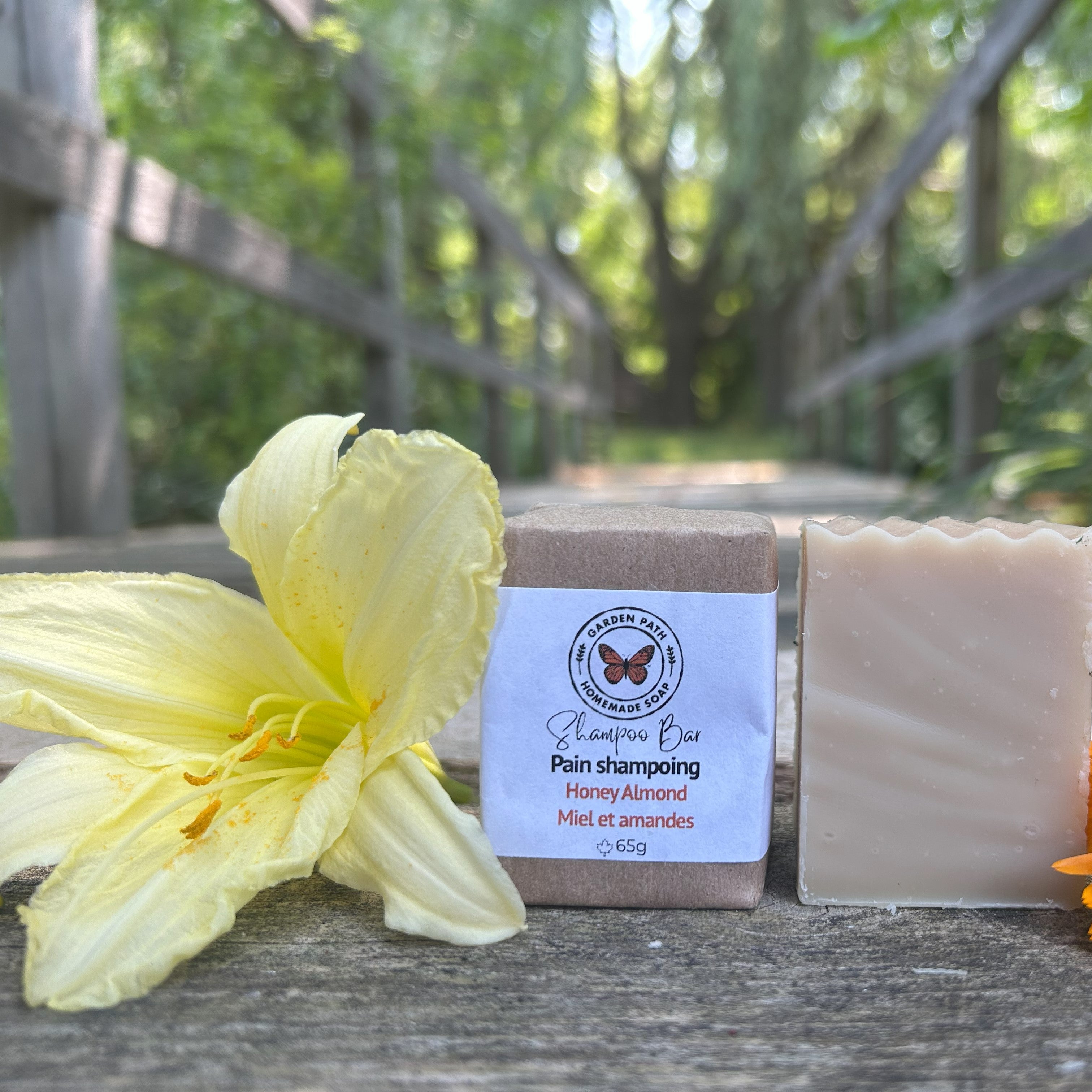 Small Honey Almond Shampoo Bar in an outdoor natural setting with yellow and orange flowers beside | Lightly Scented Honey Almond Fragrance | Made with Beer - Garden Path Homemade Soap
