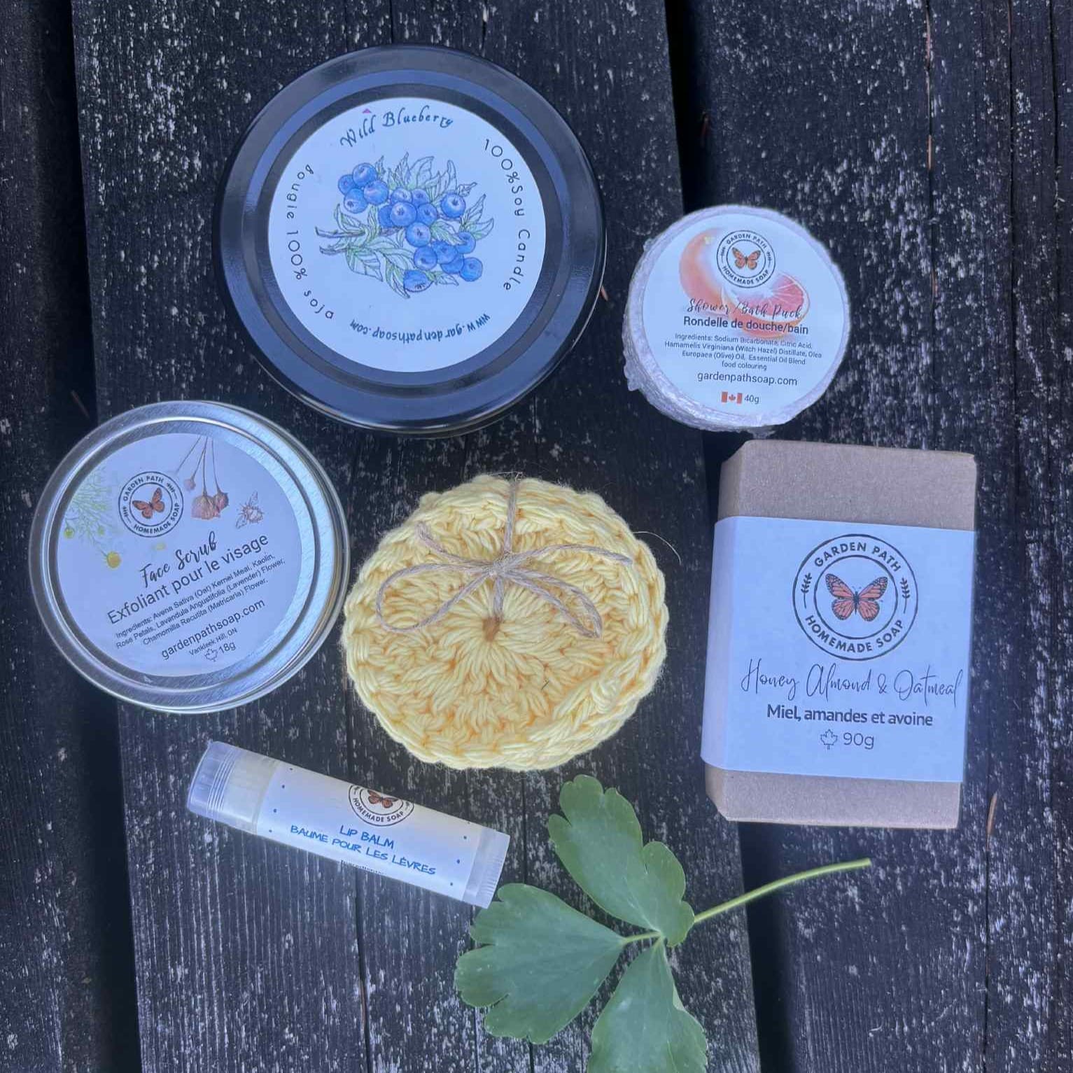 Spa in a Box - Wild Blueberry  Candle, Shower Puck, Face Scrub, Honey Almond and Oatmeal Soap, Lip Balm and face scrubby | Garden Path Homemade Soap
