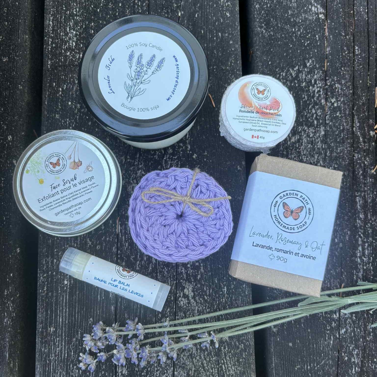 Spa in a Box - Lavender Candle, Shower Puck, Face Scrub, Lavender, Rosemary and Oat Soap, Lip Balm and face scrubby | Garden Path Homemade Soap