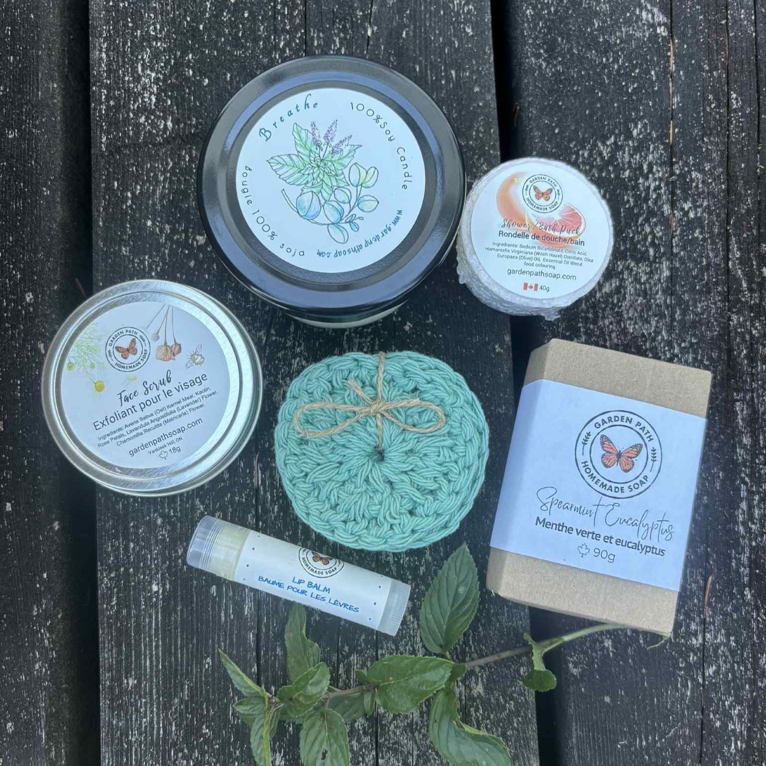Spa in a Box - Breathe Candle, Shower Puck, Face Scrub, Spearmint Eucalyptus Soap, Lip Balm and face scrubby | Garden Path Homemade Soap