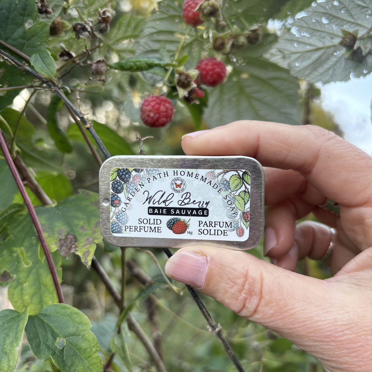 Wild Berry Solid Perfume - Limited time - aluminum rectangular tin with red raspberries and leaves of bush in background 