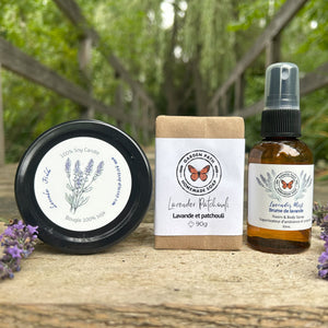 Zen Bundle featuring small soy lavender candle, Lavender Patchouli Bar Soap, and Lavender Mist - Garden Path Homemade Soap 
