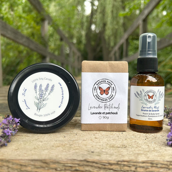Zen Bundle featuring small soy lavender candle, Lavender Patchouli Bar Soap, and Lavender Mist - Garden Path Homemade Soap 