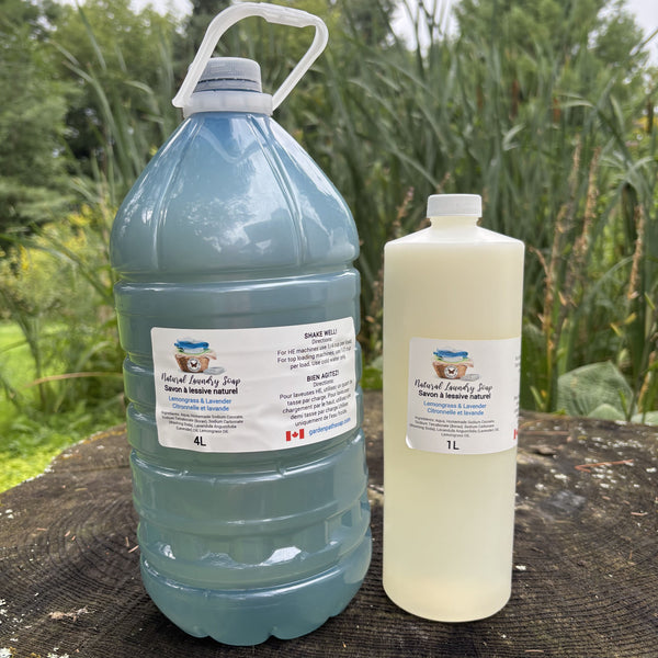 Two recycled jugs of Natural Lemongrass & Lavender Laundry Soap  on a tree stump outdoors, with tall green reeds and foliage blurred in the background. Available in 1L or 4L produced by Garden Path Homemade Soap