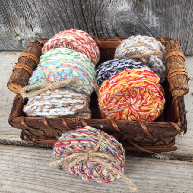 Basket of Face Scrubbies of different colours by Garden Path Homemade Soap